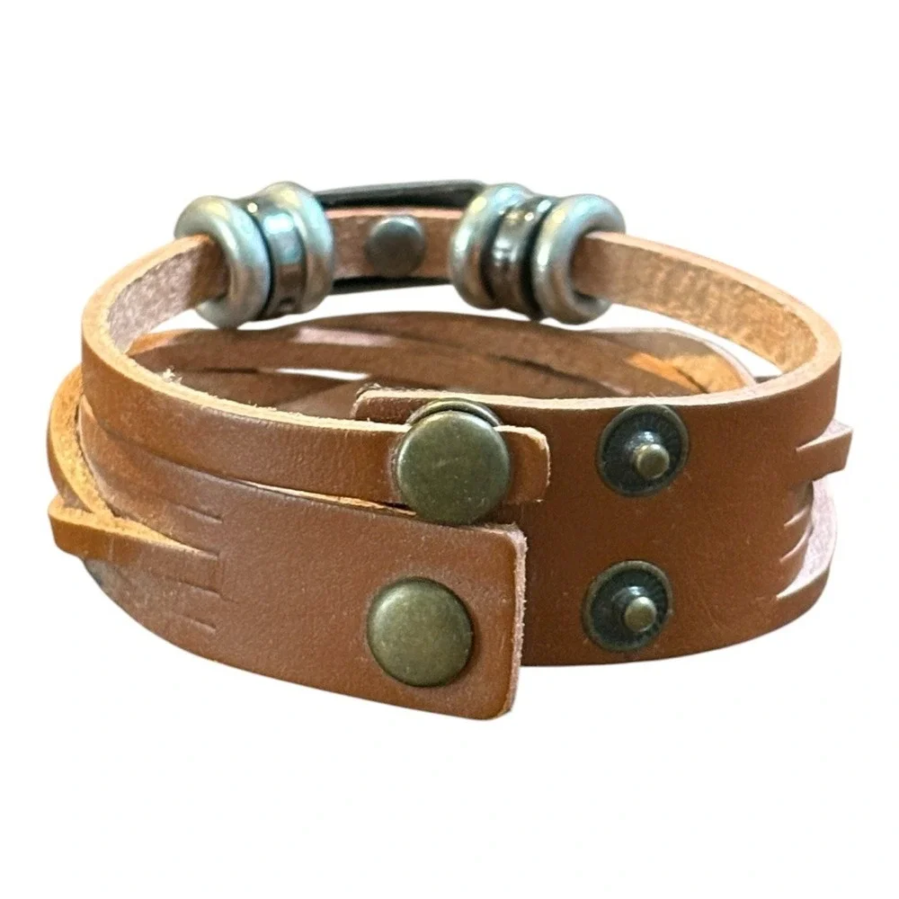 Leather‎ Cuff Bracelet OS Brown Braided Multi-Strand Metal Accents Boho Rustic